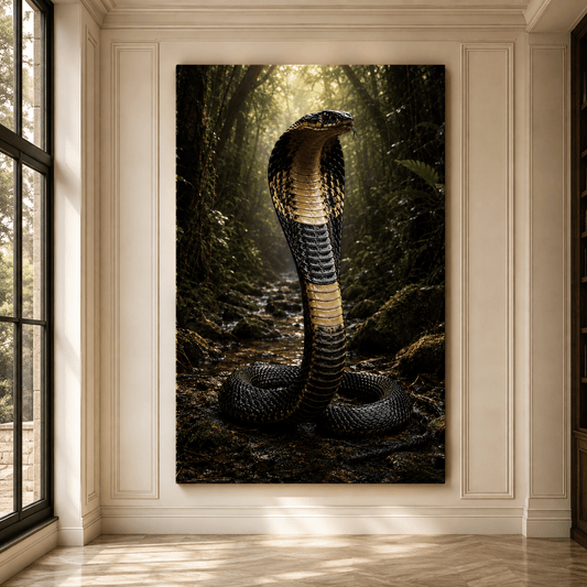 Black Cobra Snake Wrapped Canvas Wall Art – Hooded Serpent in Dark Jungle Print - ART OF ROYALS