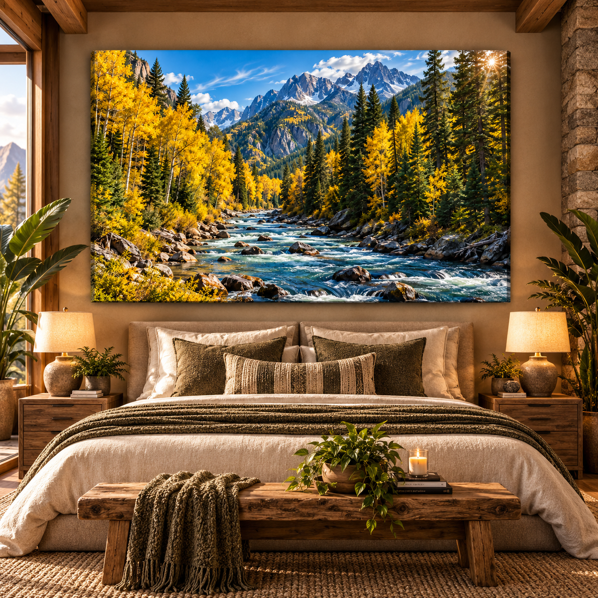 Golden Aspen Mountain River Wrapped Canvas Wall Art – Autumn Alpine Forest Landscape Print