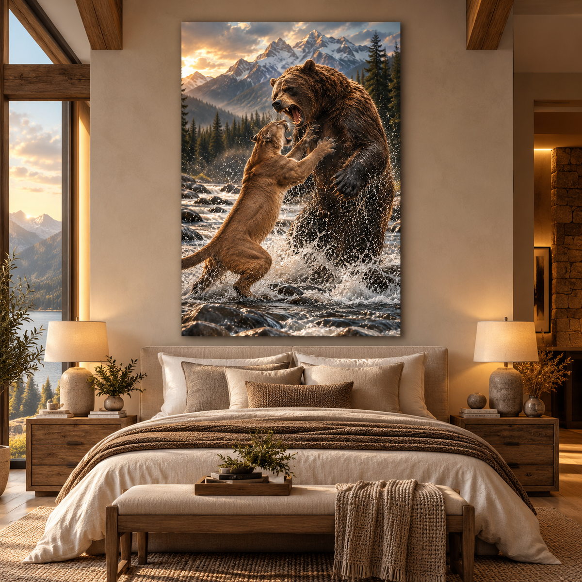Grizzly Bear Fighting Mountain Lion Wrapped Canvas Wall Art – Dramatic Wildlife Battle Print