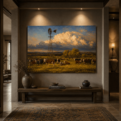 Cattle Herd and Windmill Wrapped Canvas Wall Art – Rustic Ranch Pasture Landscape Print - ART OF ROYALS