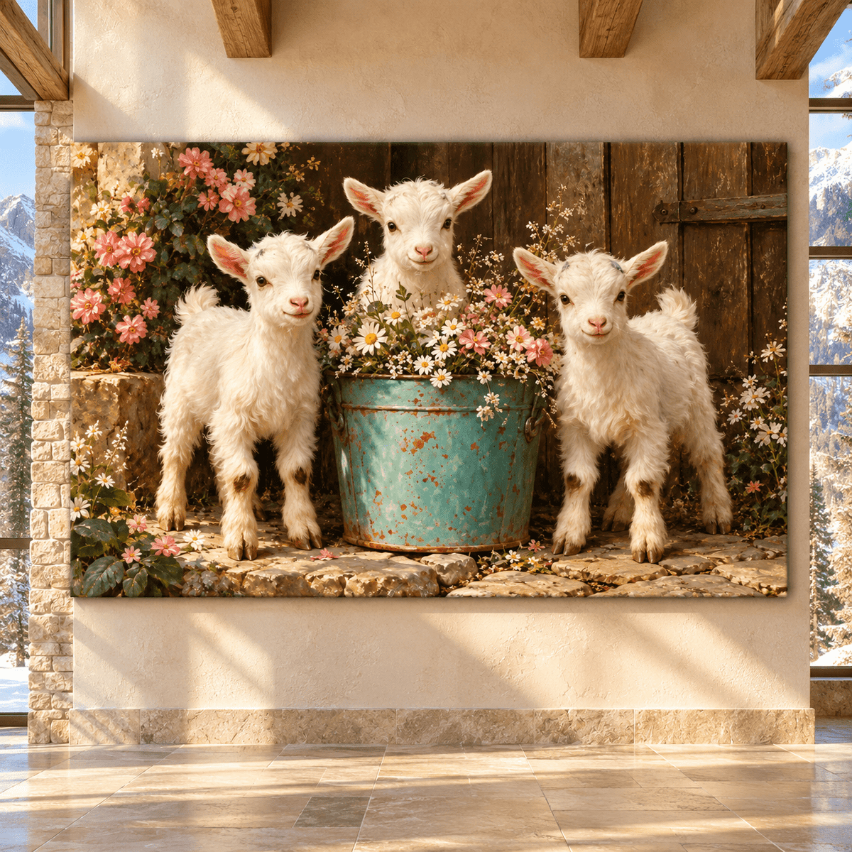 Three Baby Goats with Wildflowers Wrapped Canvas Wall Art – Rustic Farmhouse Kid Goat Painting