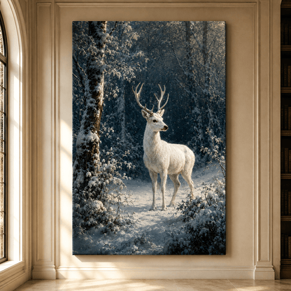 White Stag in Snowfall Wrapped Canvas Wall Art – Ethereal Winter Wildlife Print - ART OF ROYALS