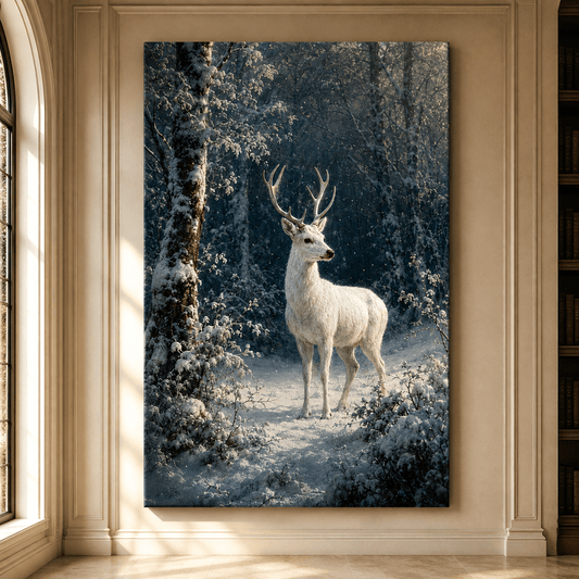 White Stag in Snowfall Wrapped Canvas Wall Art – Ethereal Winter Wildlife Print - ART OF ROYALS