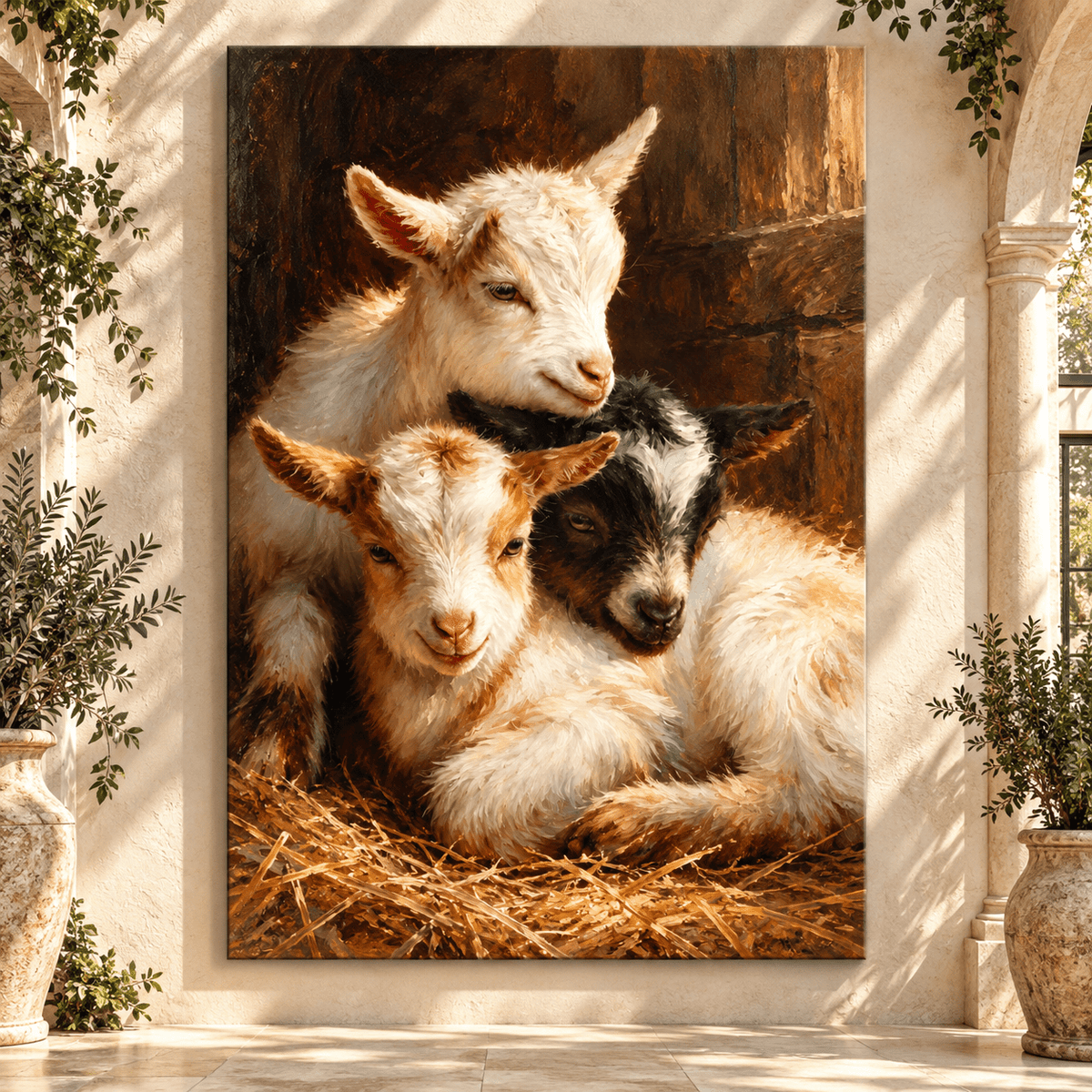 Three Baby Goats Resting in Hay Wrapped Canvas Wall Art – Rustic Farmhouse Kid Goat Painting - ART OF ROYALS