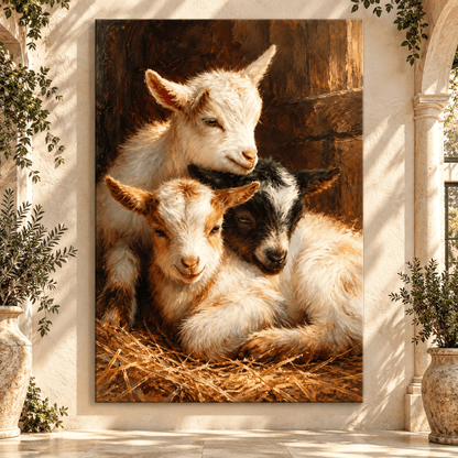 Three Baby Goats Resting in Hay Wrapped Canvas Wall Art – Rustic Farmhouse Kid Goat Painting - ART OF ROYALS