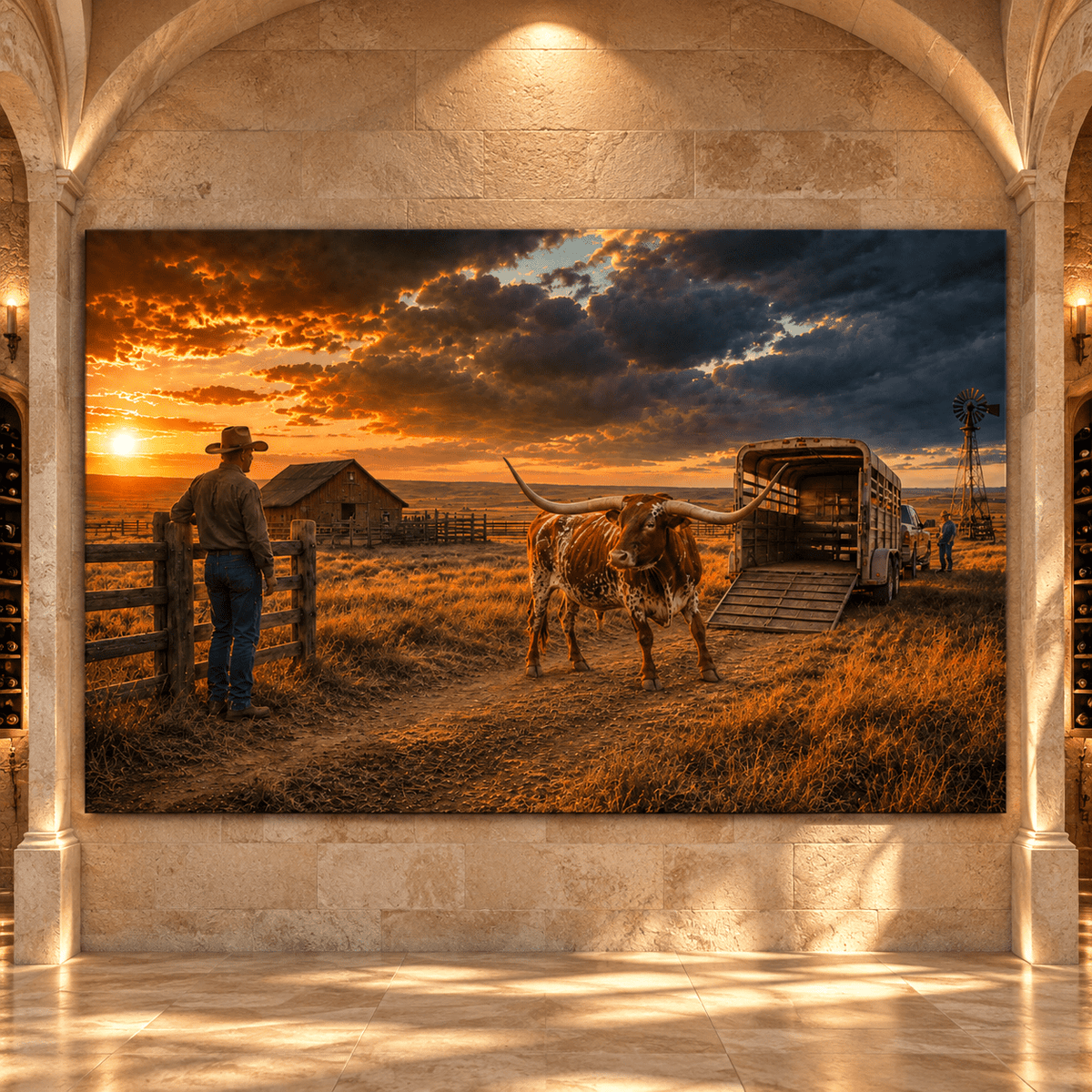 Texas Longhorn at Cattle Trailer Wrapped Canvas Wall Art – Western Ranch Sunset Landscape - ART OF ROYALS