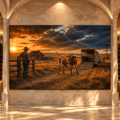 Texas Longhorn at Cattle Trailer Wrapped Canvas Wall Art – Western Ranch Sunset Landscape - ART OF ROYALS