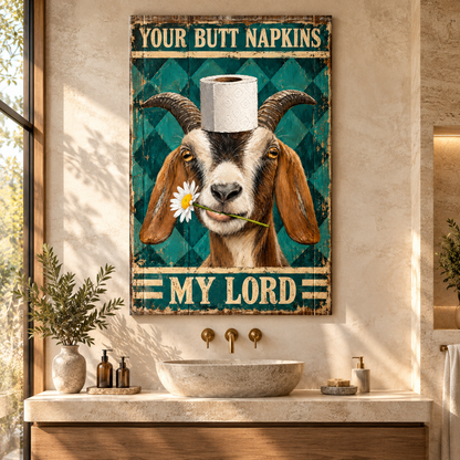 Funny Goat Toilet Paper Wrapped Canvas Wall Art – “Your Butt Napkins, My Lord” Rustic Farmhouse Bathroom Decor