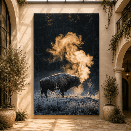 Bison in Frosty Forest Wrapped Canvas Wall Art – Winter Buffalo Wildlife Print - ART OF ROYALS