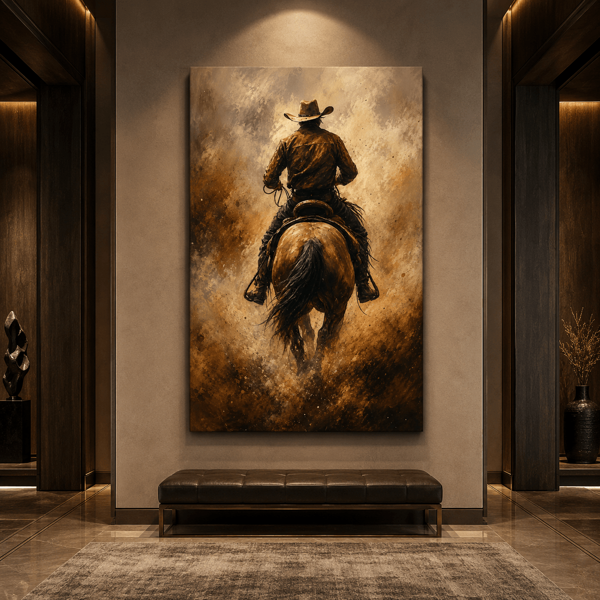 Lone Cowboy Riding Through Dust Wrapped Canvas Wall Art – Rustic Western Horse Painting - ART OF ROYALS