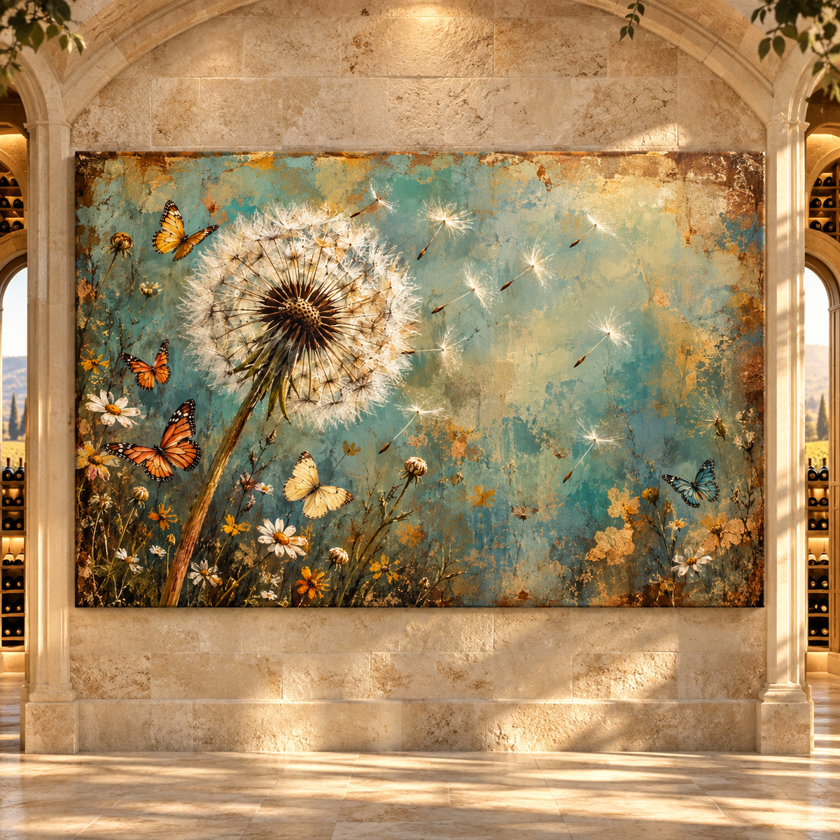 Dandelion & Butterfly Wrapped Canvas Wall Art – Vintage Turquoise Wildflower Painting