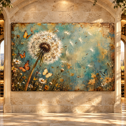 Dandelion & Butterfly Wrapped Canvas Wall Art – Vintage Turquoise Wildflower Painting