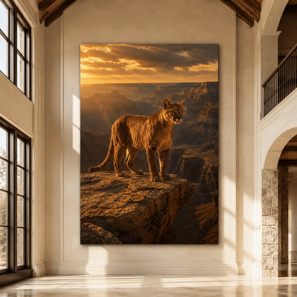 Mountain Lion on Canyon Cliff Wrapped Canvas Wall Art – Cougar at Golden Sunset Wildlife Print - ART OF ROYALS