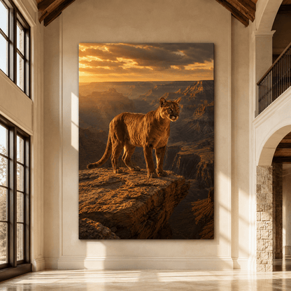 Mountain Lion on Canyon Cliff Wrapped Canvas Wall Art – Cougar at Golden Sunset Wildlife Print - ART OF ROYALS