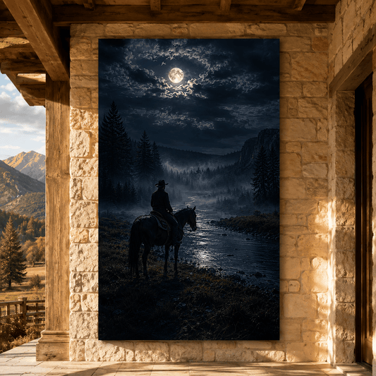 Cowboy by Moonlit River Wrapped Canvas Wall Art – Misty Nighttime Western Print - ART OF ROYALS