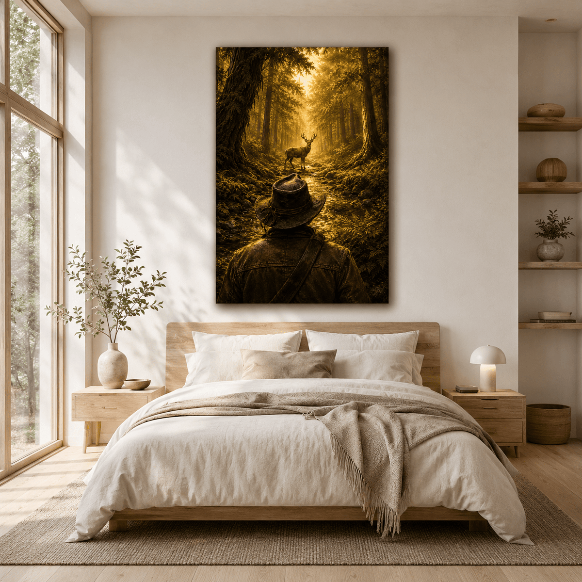 Hunter Watching a Buck in Golden Forest Wrapped Canvas Wall Art – Deer Hunting Woodland Print - ART OF ROYALS