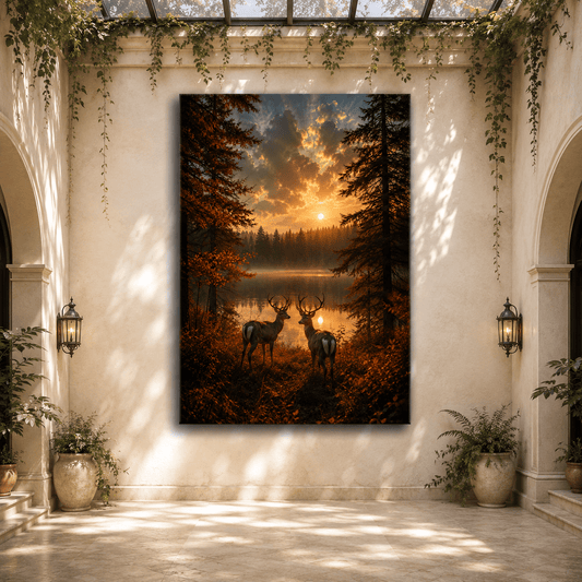 Two Whitetail Bucks at Sunset Lake Wrapped Canvas Wall Art – Autumn Deer Forest Landscape Print - ART OF ROYALS