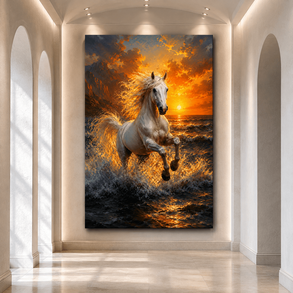 White Horse Running Through Ocean Waves Wrapped Canvas Wall Art – Sunset Equine Coastal Print - ART OF ROYALS