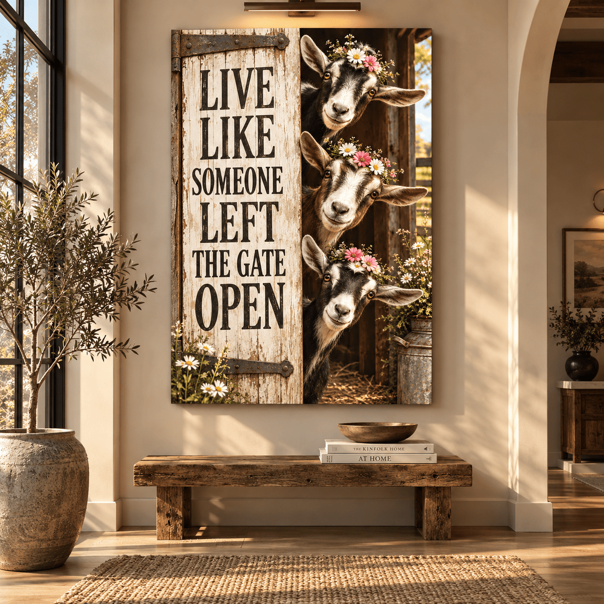 Funny Goats “Live Like Someone Left the Gate Open” Wrapped Canvas Wall Art – Rustic Farmhouse Goat Sign - ART OF ROYALS