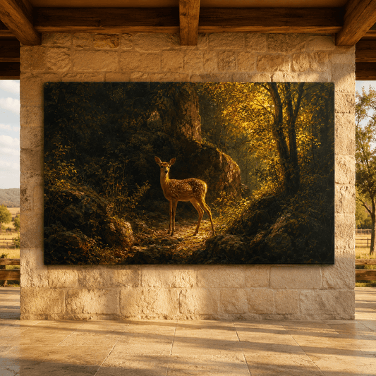 Fawn in Sunlit Forest Wrapped Canvas Wall Art – Woodland Deer Nature Landscape Print - ART OF ROYALS