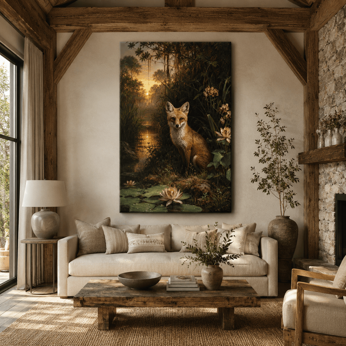 Red Fox by Lily Pond Wrapped Canvas Wall Art – Sunset Wetland Wildlife Print - ART OF ROYALS