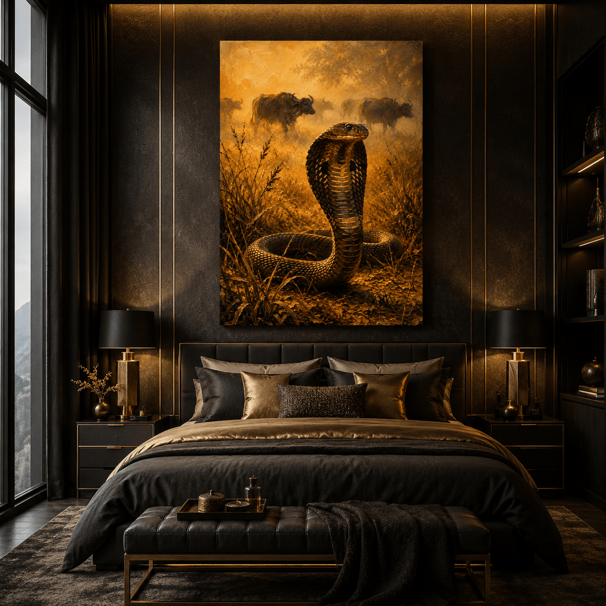 King Cobra in the Golden Savanna Wrapped Canvas Wall Art – Classical Oil Painting Wildlife Print - ART OF ROYALS