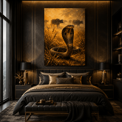 King Cobra in the Golden Savanna Wrapped Canvas Wall Art – Classical Oil Painting Wildlife Print - ART OF ROYALS