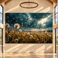 Dandelion Meadow Under Stormy Sky Wrapped Canvas Wall Art – Sunlit Wildflower Field Landscape