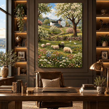 Spring Farm with Sheep & Wildflowers Wrapped Canvas Wall Art – Country Barn Meadow Landscape