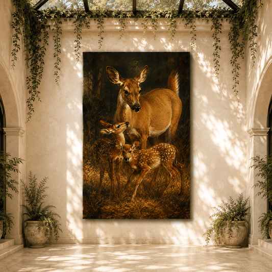 Whitetail Doe with Twin Fawns Wrapped Canvas Wall Art – Mother Deer & Baby Woodland Wildlife Print - ART OF ROYALS