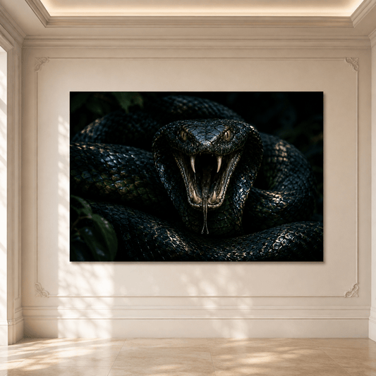 Fanged Black Snake Wrapped Canvas Wall Art – Dark Reptile Predator Portrait Print - ART OF ROYALS