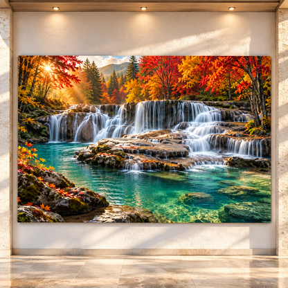 Autumn Waterfall and Turquoise Pool Wrapped Canvas Wall Art – Colorful Forest Landscape Print