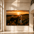 Cowgirl with Black Horse in Sunflower Field Wrapped Canvas Wall Art – Western Sunset Horse Print