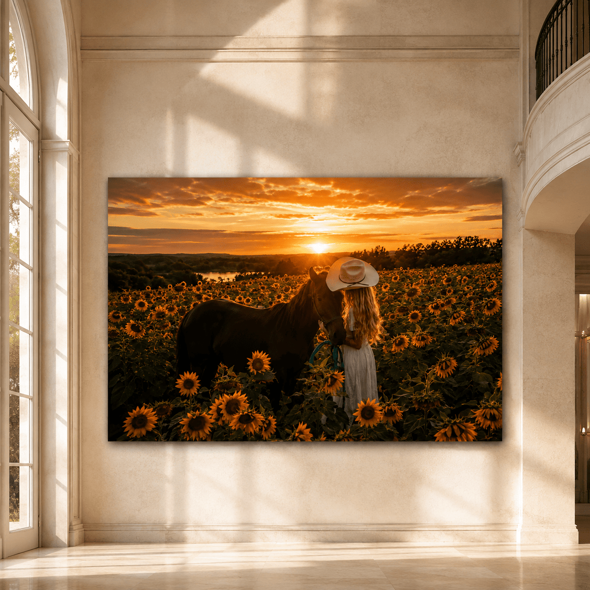 Cowgirl with Black Horse in Sunflower Field Wrapped Canvas Wall Art – Western Sunset Horse Print - ART OF ROYALS