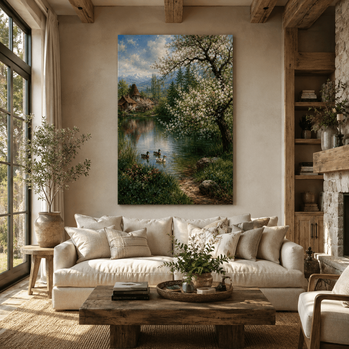 Spring Mountain Lake Wrapped Canvas Wall Art – Flowering Tree, Ducks & Cottage Landscape Print - ART OF ROYALS