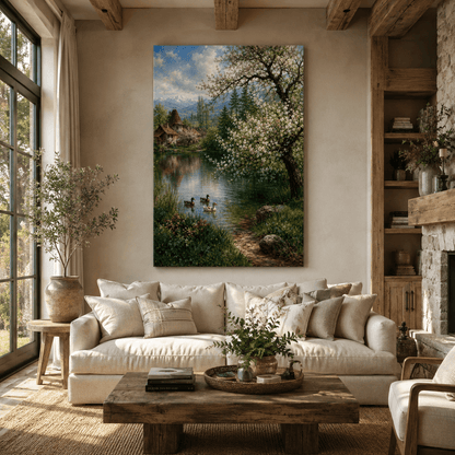 Spring Mountain Lake Wrapped Canvas Wall Art – Flowering Tree, Ducks & Cottage Landscape Print - ART OF ROYALS