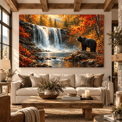Black Bear by Waterfall Canvas Wall Art – Autumn Forest Wildlife Landscape - ART OF ROYALS