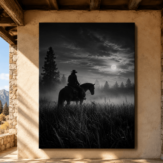 Black and White Cowboy on Horse Under Full Moon Wrapped Canvas Wall Art – Western Night Landscape Print - ART OF ROYALS
