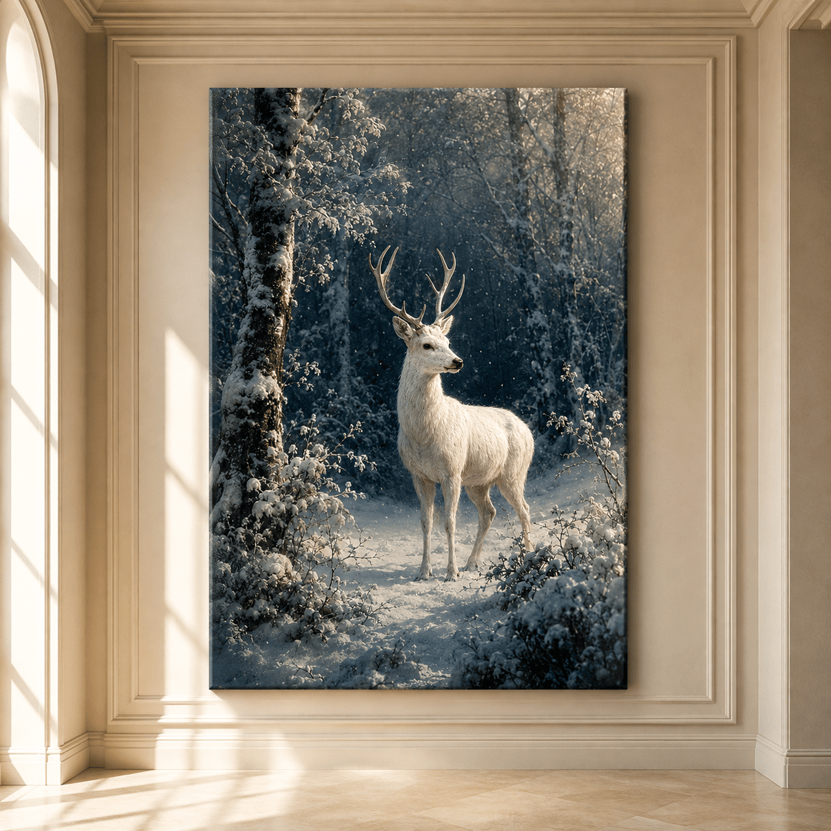 White Stag in Snowfall Wrapped Canvas Wall Art – Ethereal Winter Wildlife Print - ART OF ROYALS