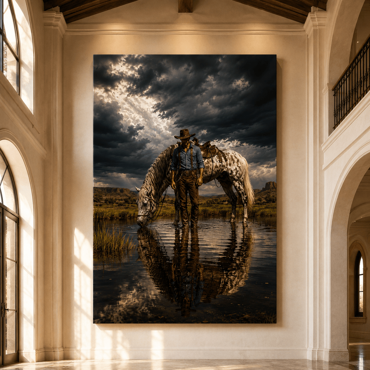 Cowboy and Appaloosa Horse Wrapped Canvas Wall Art – Stormy Western Ranch Landscape Print - ART OF ROYALS