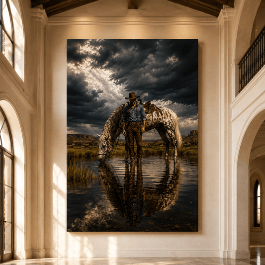 Cowboy and Appaloosa Horse Wrapped Canvas Wall Art – Stormy Western Ranch Landscape Print - ART OF ROYALS