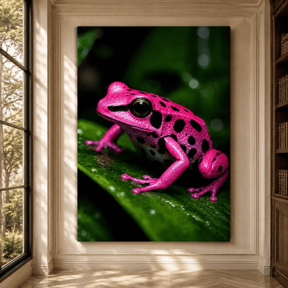 Pink Poison Dart Frog Wrapped Canvas Wall Art – Black Spotted Tropical Frog Print - ART OF ROYALS