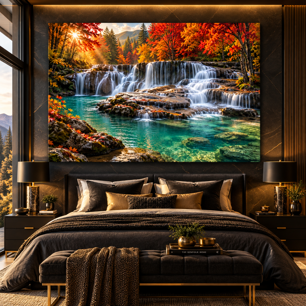 Autumn Waterfall and Turquoise Pool Wrapped Canvas Wall Art – Colorful Forest Landscape Print