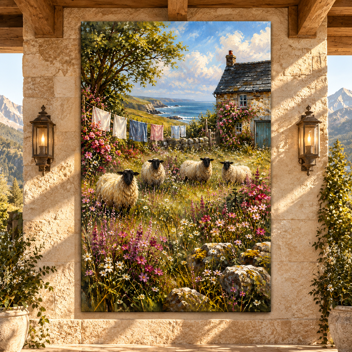 Coastal Sheep Cottage Wrapped Canvas Wall Art – Wildflower Meadow & Seaside Farmhouse Painting - ART OF ROYALS