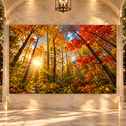 Autumn Forest Sunlight Wrapped Canvas Wall Art – Golden Fall Trees Nature Landscape