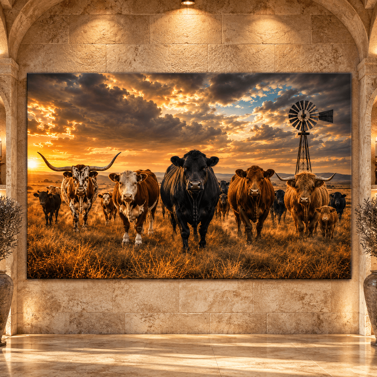 Western Cattle Herd at Sunset Wrapped Canvas Wall Art – Longhorn, Highland & Black Angus Ranch Scene - ART OF ROYALS