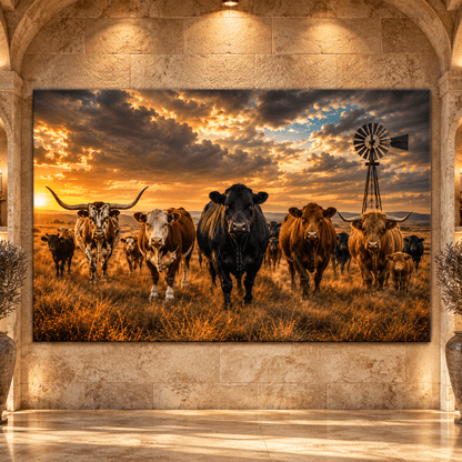Western Cattle Herd at Sunset Wrapped Canvas Wall Art – Longhorn, Highland & Black Angus Ranch Scene - ART OF ROYALS