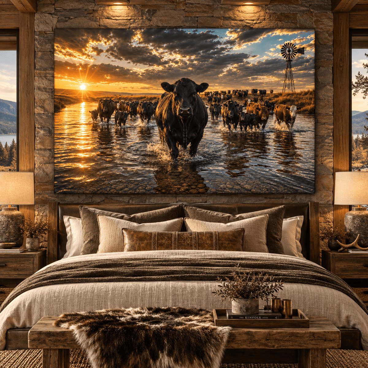 Black Angus Cattle Crossing River at Sunset Wrapped Canvas Wall Art – Western Ranch Herd & Windmill Landscape - ART OF ROYALS