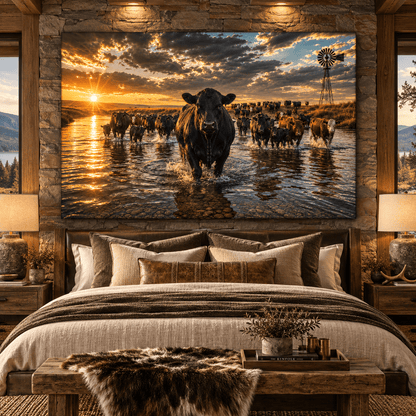 Black Angus Cattle Crossing River at Sunset Wrapped Canvas Wall Art – Western Ranch Herd & Windmill Landscape - ART OF ROYALS