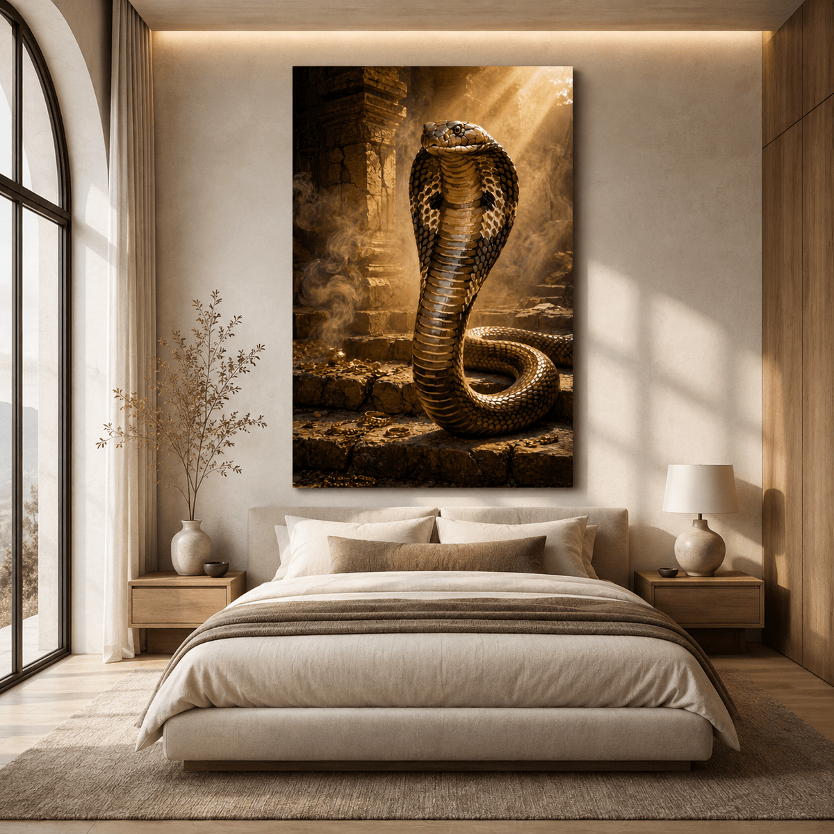 Temple Guardian Cobra Wrapped Canvas Wall Art – Mystical Golden Treasure Print - ART OF ROYALS